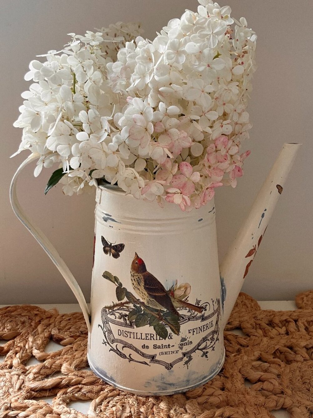 Whimsical Metal Watering Can Vase - Upcycled - milk paint, birds, butterflies